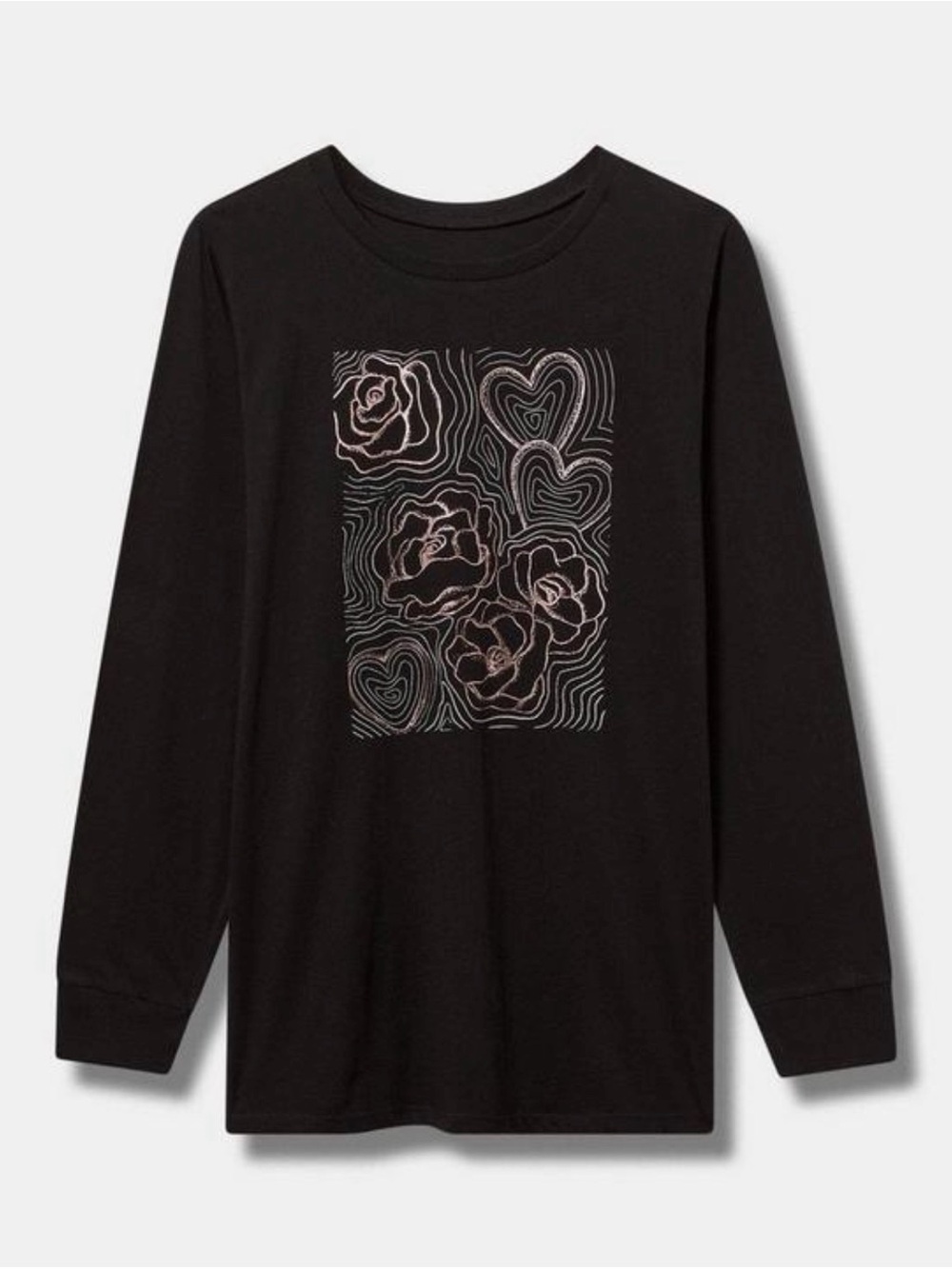 Black Long-Sleeve Graphic Tee with Rose Heart Design